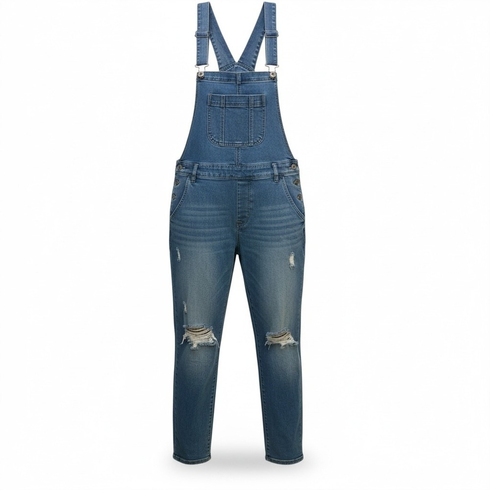 Style‎ & Co Womens Medium Wash Distressed Denim Overalls Skinny Leg Size M Blue